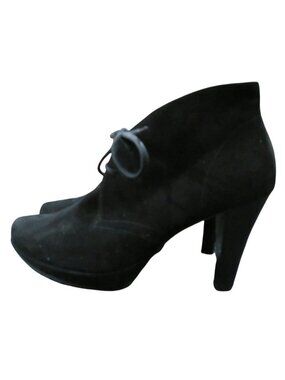 Paul Green München Black Nubuck Suede Leather Cone Heeled Booties lace ups sz 6